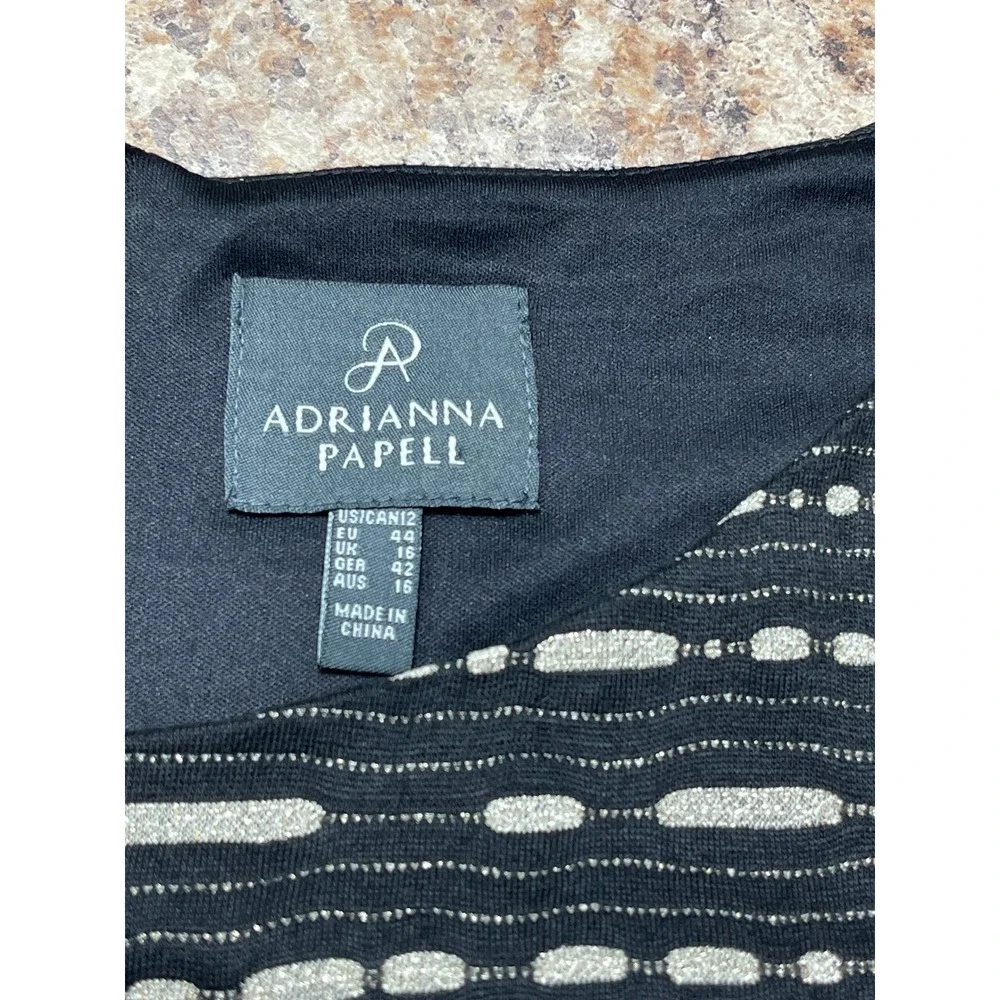 Adrianna Papell Black Gold Metallic Textured Sheath Dress Elbow Sleeve Size 12
